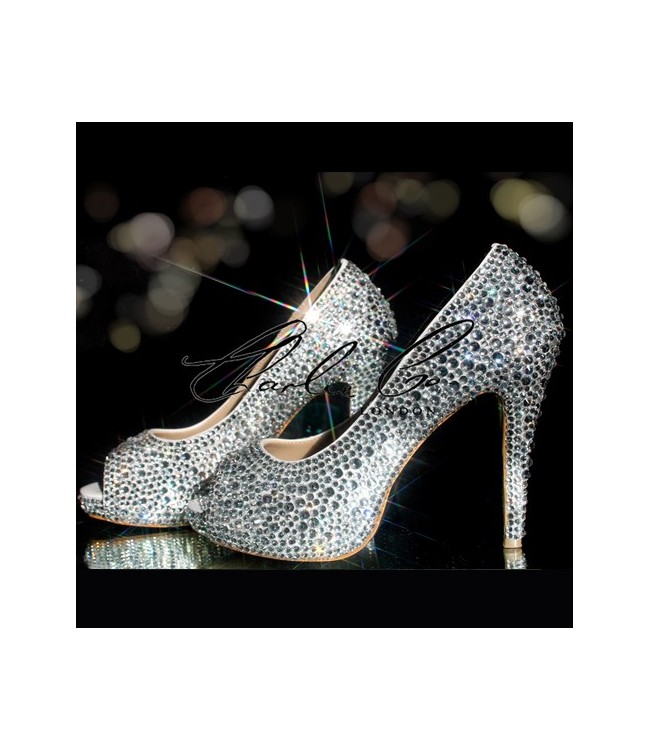 Rhinestone Crystal Shoes Pumps Peep Toe /open Toed Heels Royal 