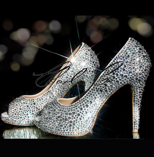 Crystal Peep Toe Mid-Heel Platform Pumps