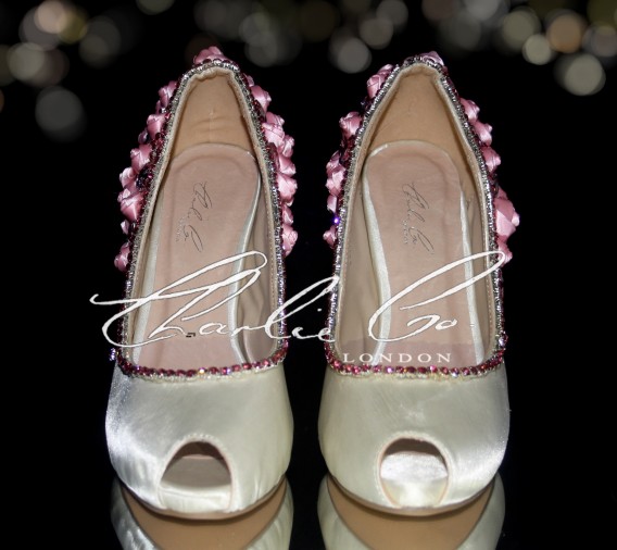 4 or 5 Pink Satin Rose Crystal Heels