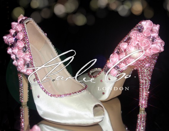 4 or 5 Pink Satin Rose Crystal Heels